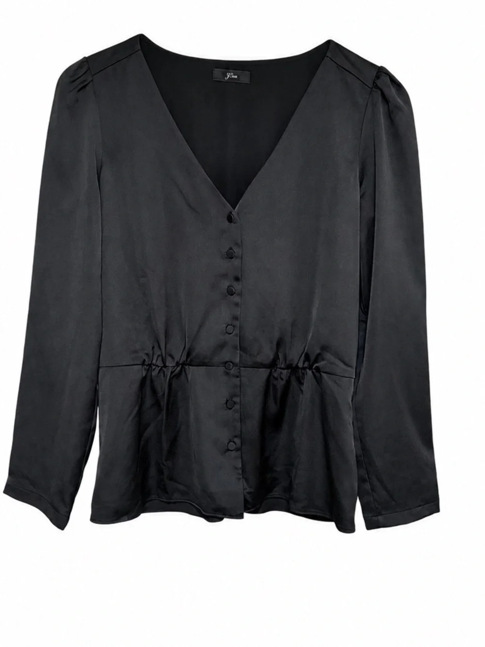 J.Crew Women’s Black Shiny Peplum Blouse Size 12 Long Sleeve V-Neck